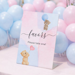 Teddy bear blue pink gender reveal favour pedestal sign