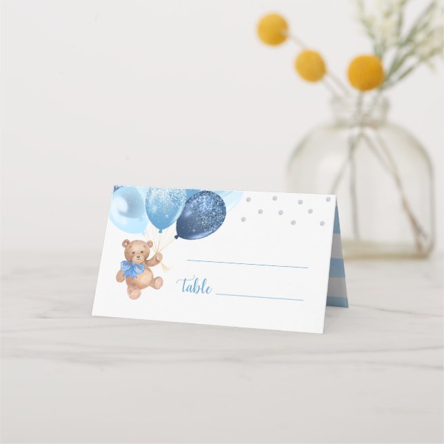 Teddy Bear Blue Silver Balloons Baby Shower Folded Place Card (Front)