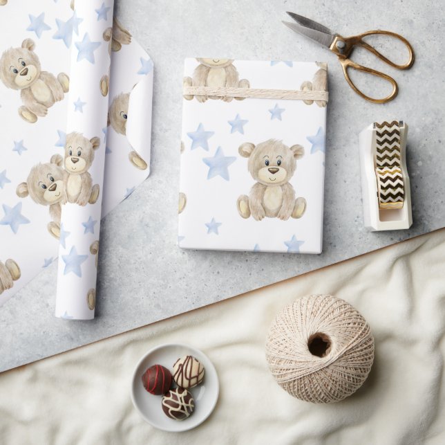 Teddy Bear Blue Stars Watercolor Baby Shower Wrapping Paper (Crafts)
