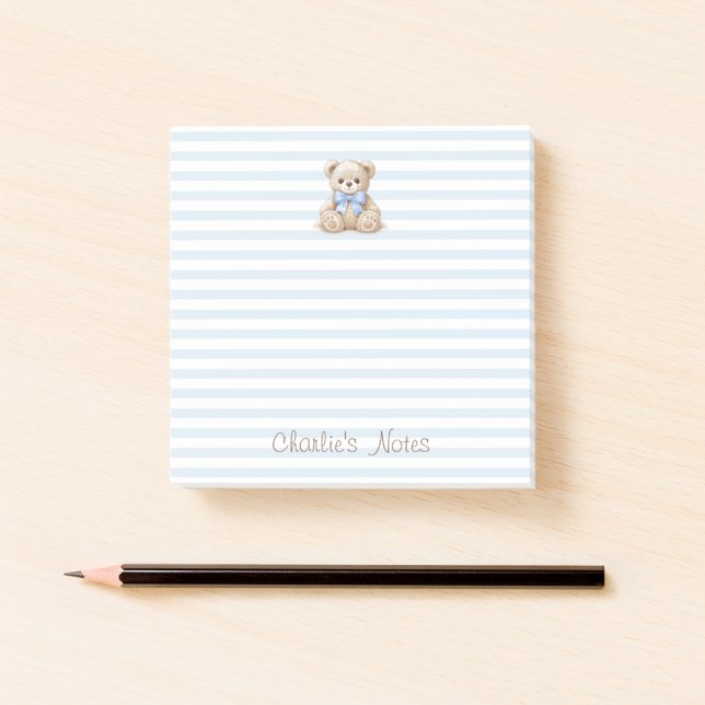 Teddy Bear & Blue Stripes Custom Name Script Kid Post-it Notes (Creator Uploaded)