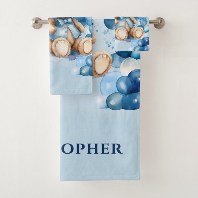 Teddy Bear Blue Train Boy Baby Shower Bath Towel Set (Insitu)