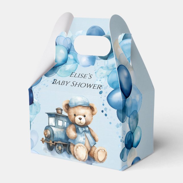 Teddy Bear Blue Train Boy Baby Shower Favor Box (Front Side)