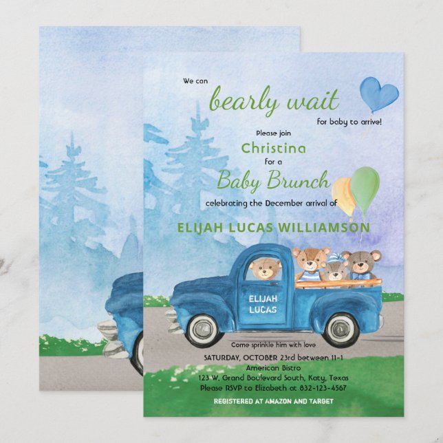 Teddy Bear Blue Truck Balloons Forest Baby Shower Invitation (Front/Back)