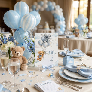 Teddy Bear Blue watercolor Balloon Clouds Baby Boy Table Number