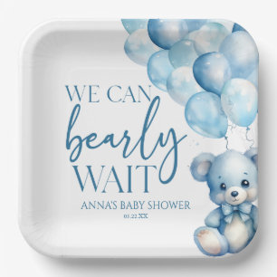 Teddy Bear Blue We Can Bearly Wait Baby Shower Paper Plate