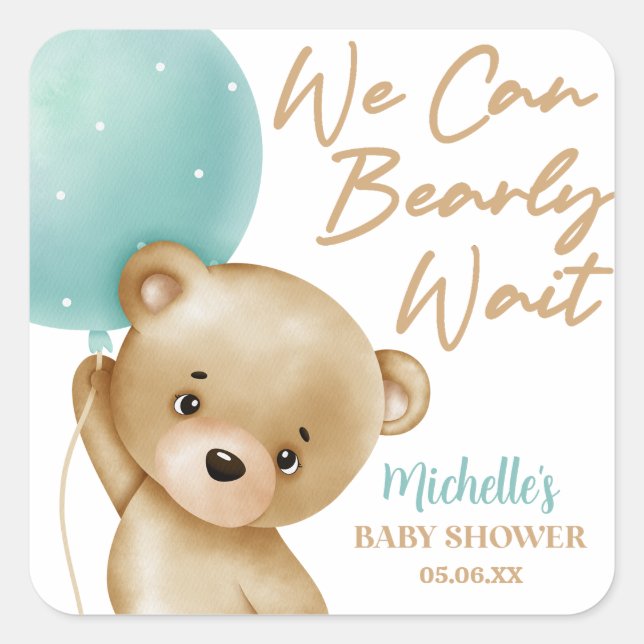 Teddy Bear Blue We Can Bearly Wait Baby Shower Square Sticker (Front)