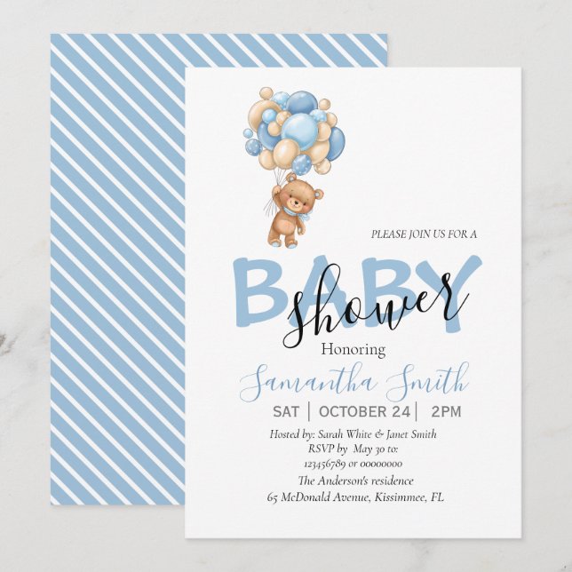 teddy bear blue white invitations (Front/Back)