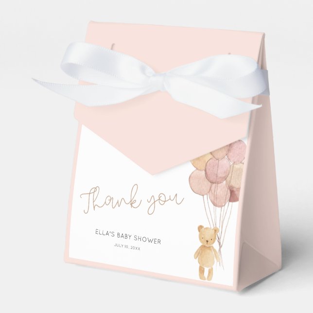 Teddy Bear Blush Beige Balloons Baby Shower Favor Box (Front Side)