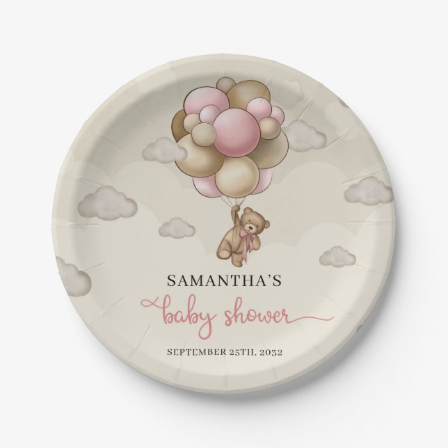 Teddy bear blush brown ivory balloons baby shower paper plate (Front)