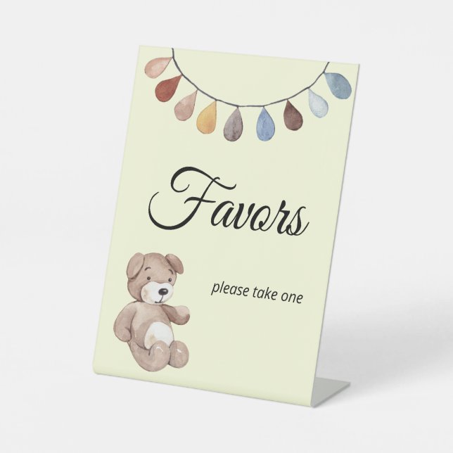 Teddy Bear Boho Baby Shower Favour Tablescape Pedestal Sign (Front)