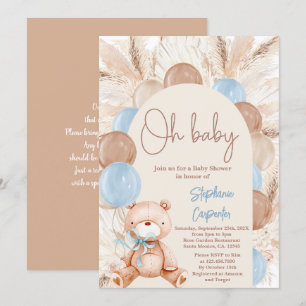 Teddy Bear Boho Pampas Baby shower Boy Invitation