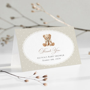 Teddy Bear, Bow, Beige Polka Dots, Baby Shower Thank You Card