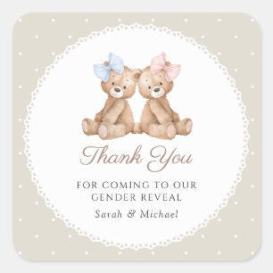 Teddy Bear, Bow, Beige Polka Dots, Gender Reveal Square Sticker