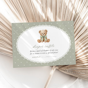 Teddy Bear, Bow, Green Polka Dots, Diaper Raffle Enclosure Card