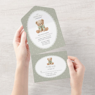 Teddy Bear, Bow, Green Polka Dots, First Birthday All In One Invitation