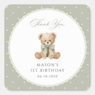Teddy Bear, Bow, Green Polka Dots, First Birthday Square Sticker