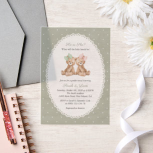 Teddy Bear, Bow, Green Polka Dots, Gender Reveal Vellum Invitations