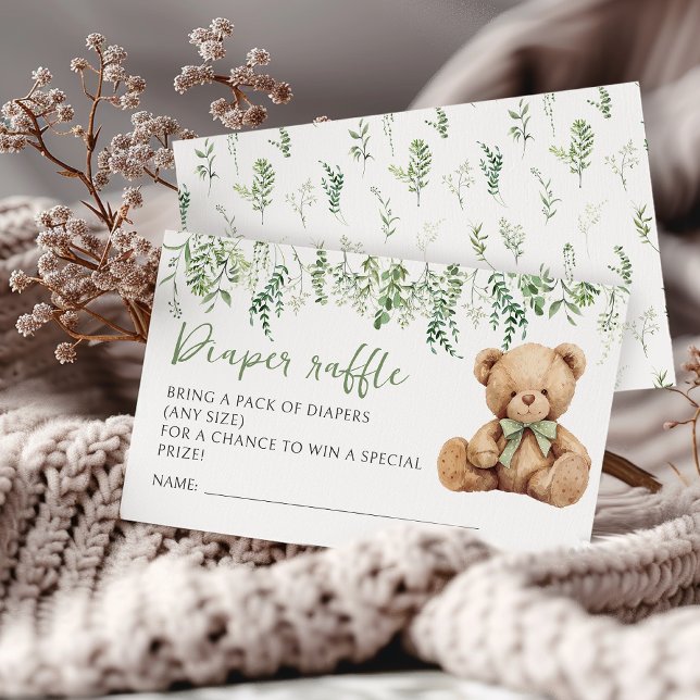 Teddy Bear Bow Greenery Baby Shower Diaper Raffle Enclosure Card (Creator Uploaded)