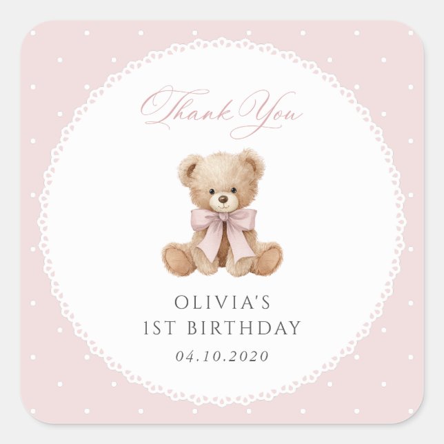 Teddy Bear, Bow, Pink Polka Dots, First Birthday Square Sticker (Front)
