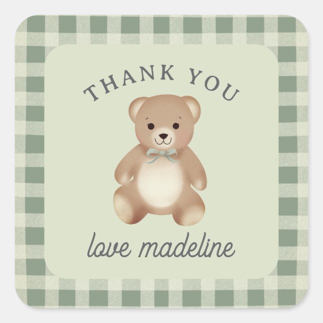 Teddy Bear Bow Stuffy Gingham Antique Sage Square Sticker (Front)