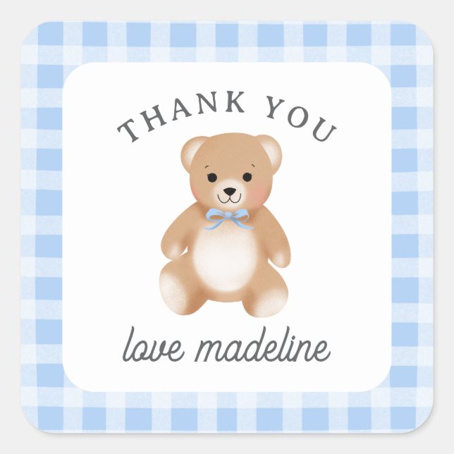 Teddy Bear Bow Stuffy Gingham Blue Baby Shower Square Sticker (Front)