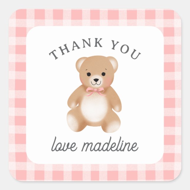 Teddy Bear Bow Stuffy Gingham Pink Baby Shower Square Sticker (Front)