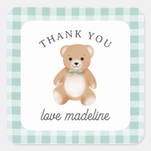 Teddy Bear Bow Stuffy Gingham Sage Baby Shower Square Sticker