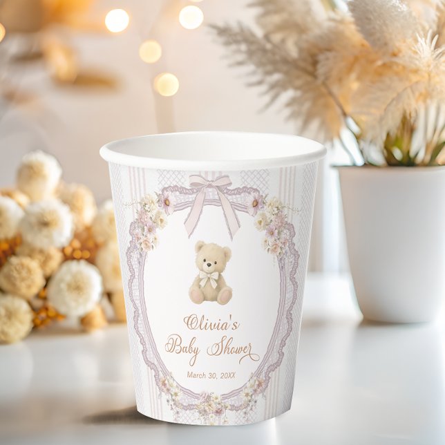 Teddy Bear Bow Vintage Baby Shower Paper Cups (Creator Uploaded)