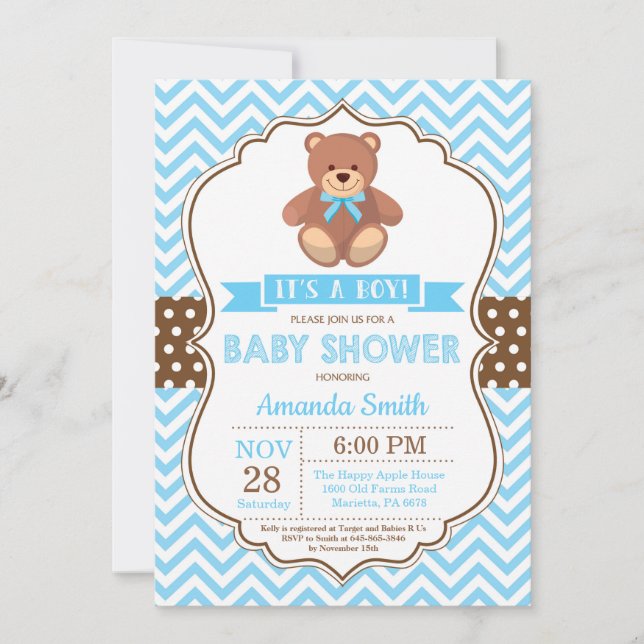 Teddy Bear Boy Baby Shower Blue Chevron Invitation (Front)