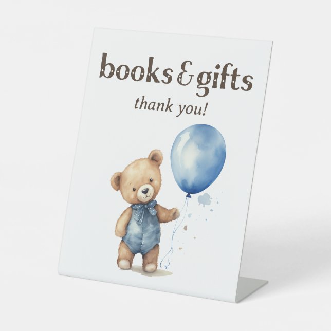 Teddy Bear Boy Baby Shower Books and Gifts Pedestal Sign (Front)