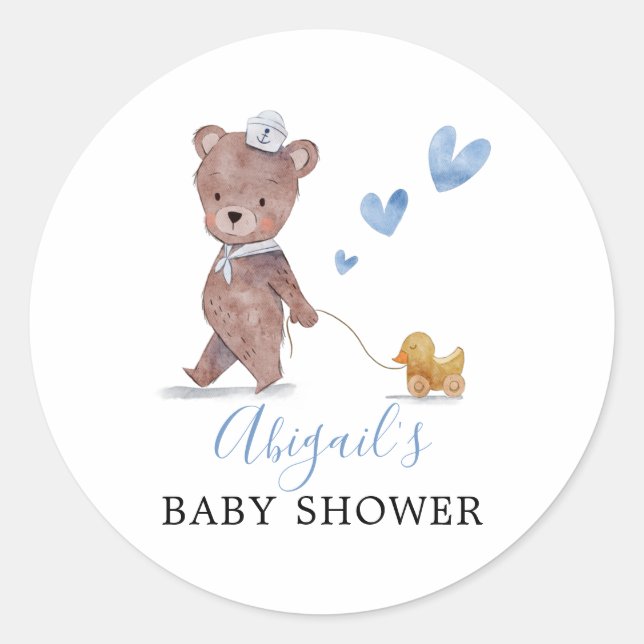 Teddy Bear Boy Baby Shower Classic Round Sticker (Front)