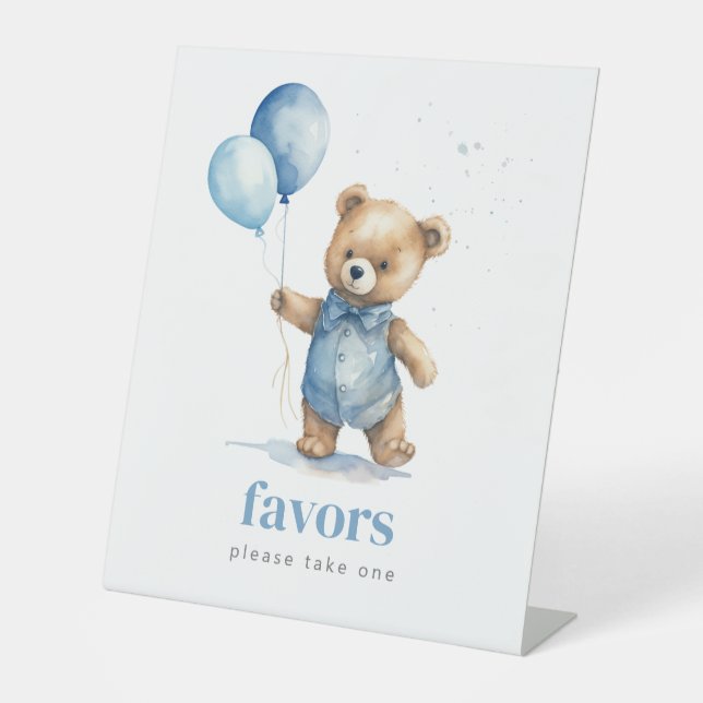 Teddy Bear Boy Baby Shower Favors  Pedestal Sign (Front)