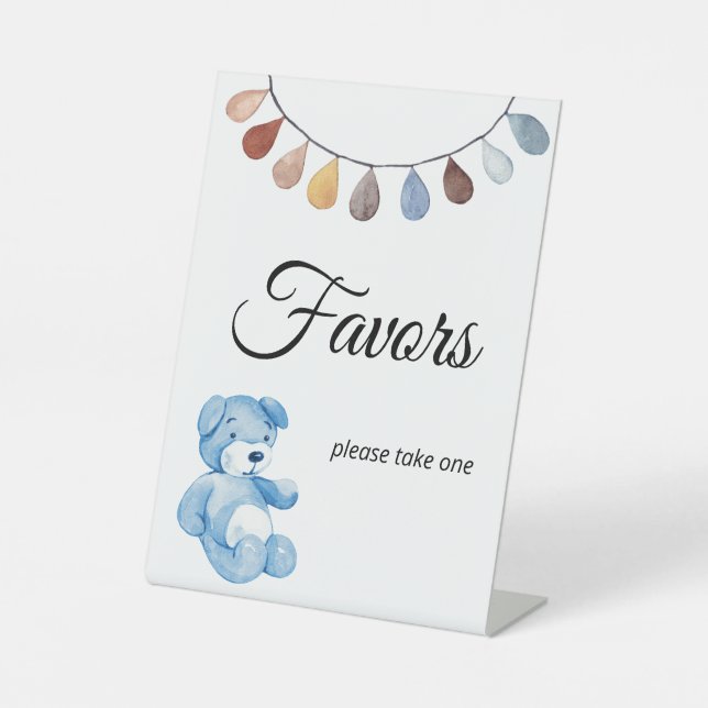 Teddy Bear Boy Baby Shower Favour Tablescape Pedestal Sign (Front)