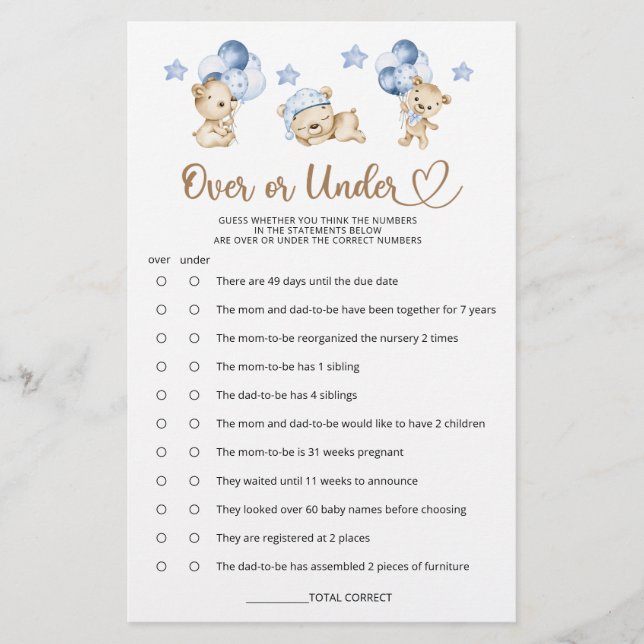 Teddy bear boy baby shower over or under (Front)