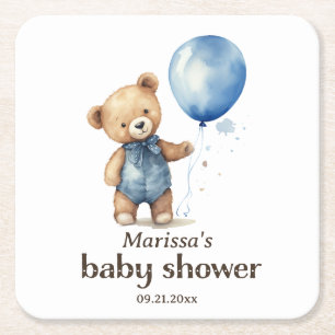 Teddy Bear Boy Baby Shower Paper Coaster