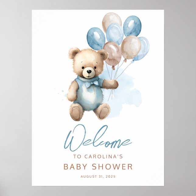 Teddy Bear Boy Blue Baby shower Affiche de bienven (Devant)