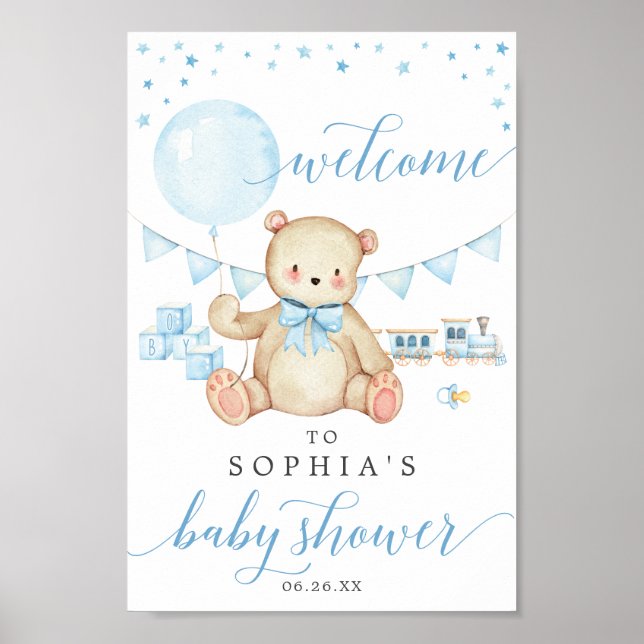 Teddy Bear Boy Blue Baby shower Affiche de bienven (Devant)