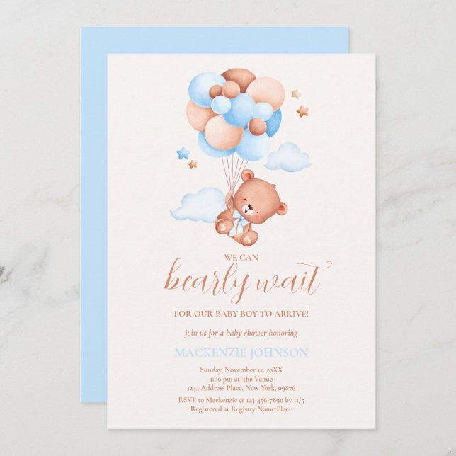 Teddy Bear Boy Blue Bearly Wait Baby Shower Invitation (Front/Back)