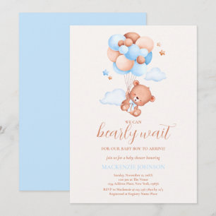 Teddy Bear Boy Blue Bearly Wait Baby Shower Invitation