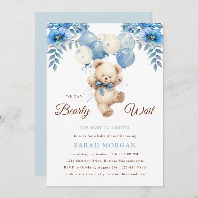 Teddy Bear Boy Blue | Boho Bearly Wait Baby Shower Invitation (Front/Back)