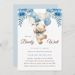 Teddy Bear Boy Blue   Boho Bearly Wait Baby Shower Invitation