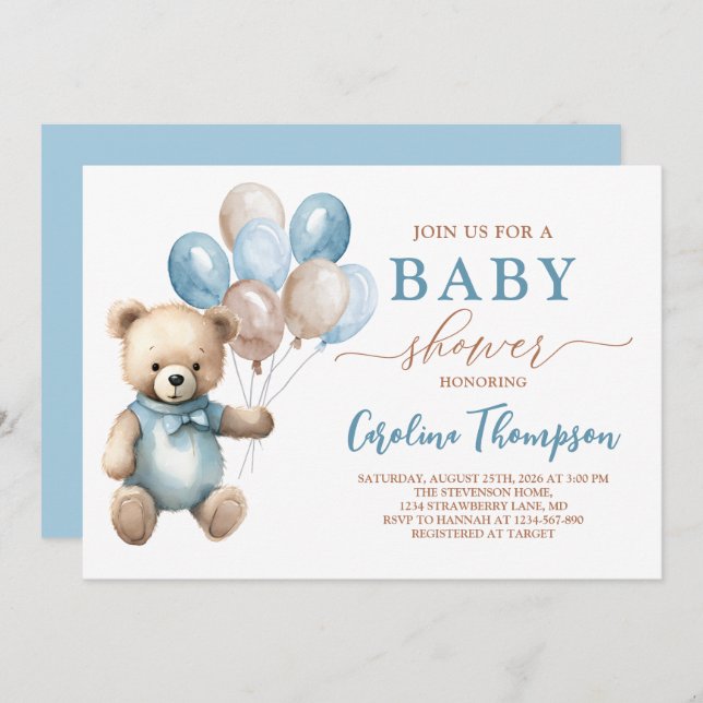 Teddy Bear Boy Blue Pastel Brown Baby Shower Invitation (Front/Back)