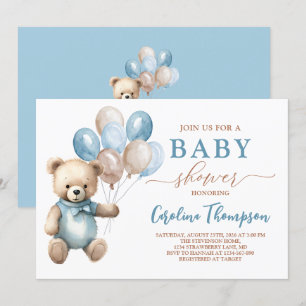 Teddy Bear Boy Blue Pastel Brown Baby Shower Invitation