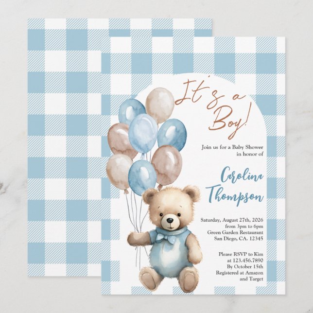 Teddy Bear Boy Blue Plaid Arch Baby Shower Invitation (Front/Back)