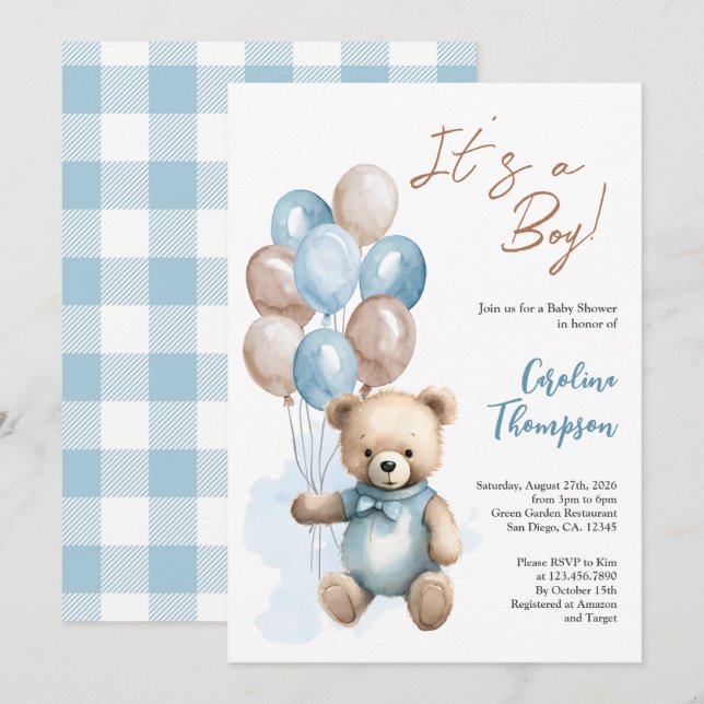 Teddy Bear Boy Blue Plaid Baby Shower Invitatio Invitation (Front/Back)