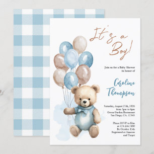 Teddy Bear Boy Blue Plaid Baby Shower Invitatio Invitation