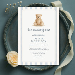  Teddy Bear Boy Blue Stripes Baby Shower Invitation