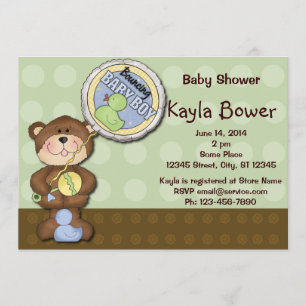 Teddy Bear Boy Brown Green Baby Shower Invitation