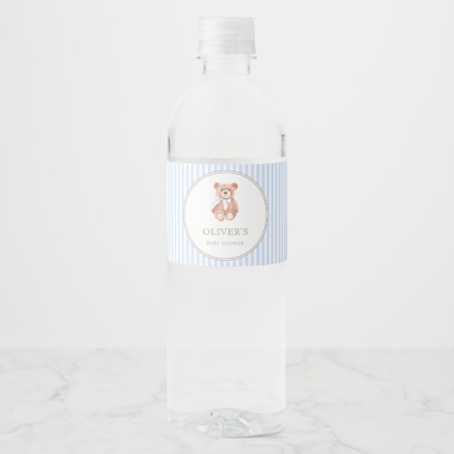 Teddy Bear Boy Classic Baby Shower Party Water Bottle Label (Front)