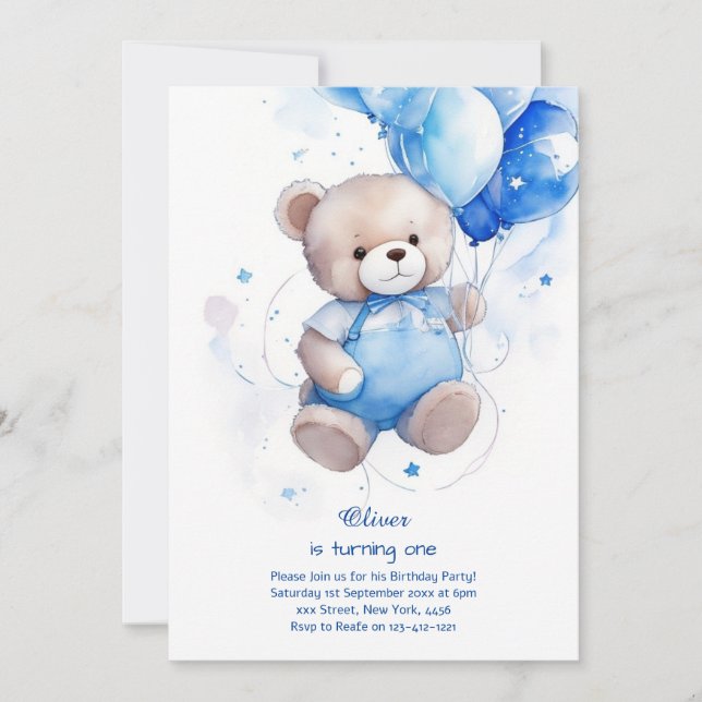Teddy Bear Boy First Birthday Invitation (Front)